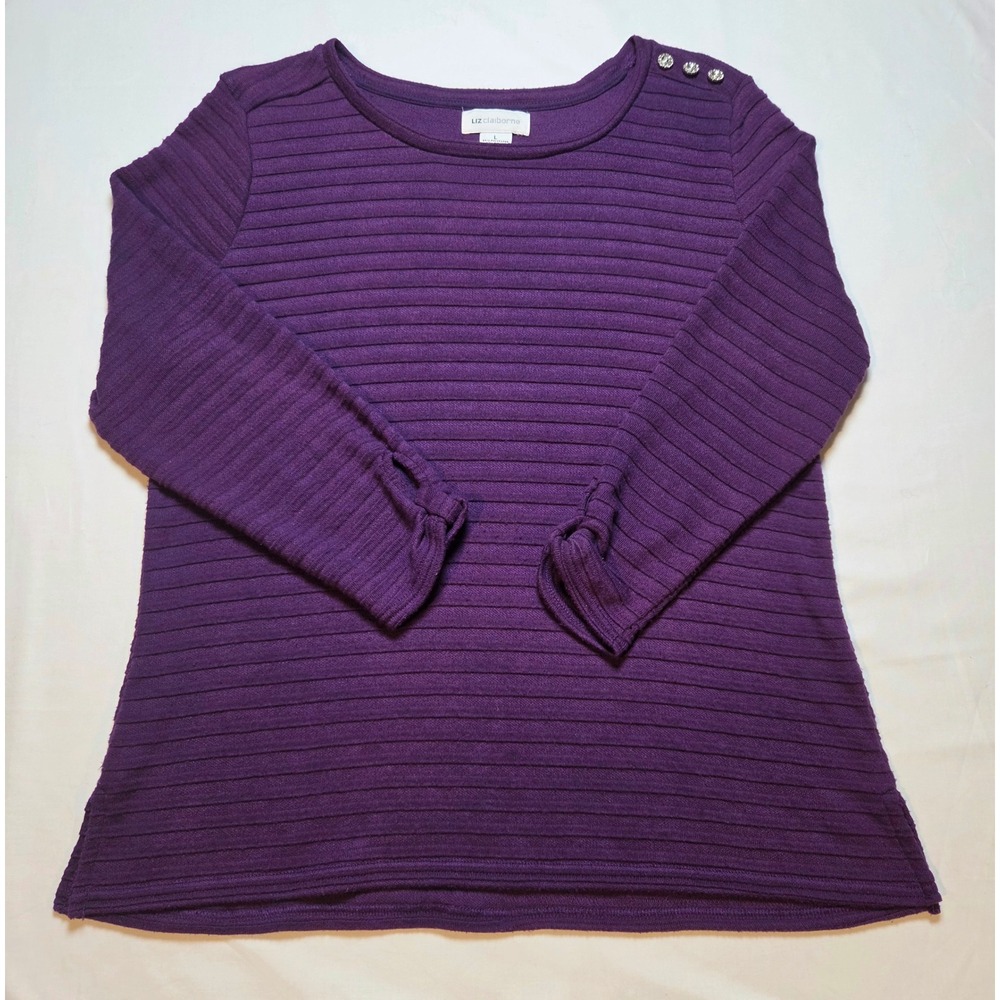 Liz Claiborne Purple Ribbed Knit Top Rhinestone Shoulder Buttons Knot Cuff Large